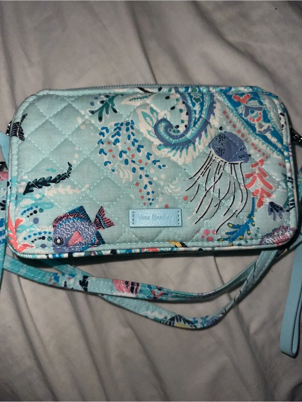 Vera Bradley Quilted Sea Life Crossbody in Light Aqua and Coral Accents
